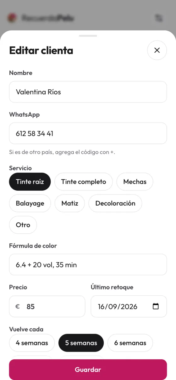 Ficha de la clienta Valentina Ríos: tinte raíz, fórmula 6.4 + 20 vol, 35 minutos, precio 85 euros, último retoque el 16 de septiembre y vuelve cada 5 semanas.