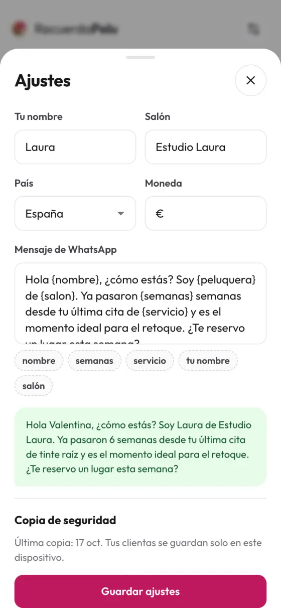 Ajustes del mensaje de WhatsApp con la vista previa: «Hola Valentina, ¿cómo estás? Soy Laura de Estudio Laura. Ya pasaron 6 semanas desde tu última cita de tinte raíz…».