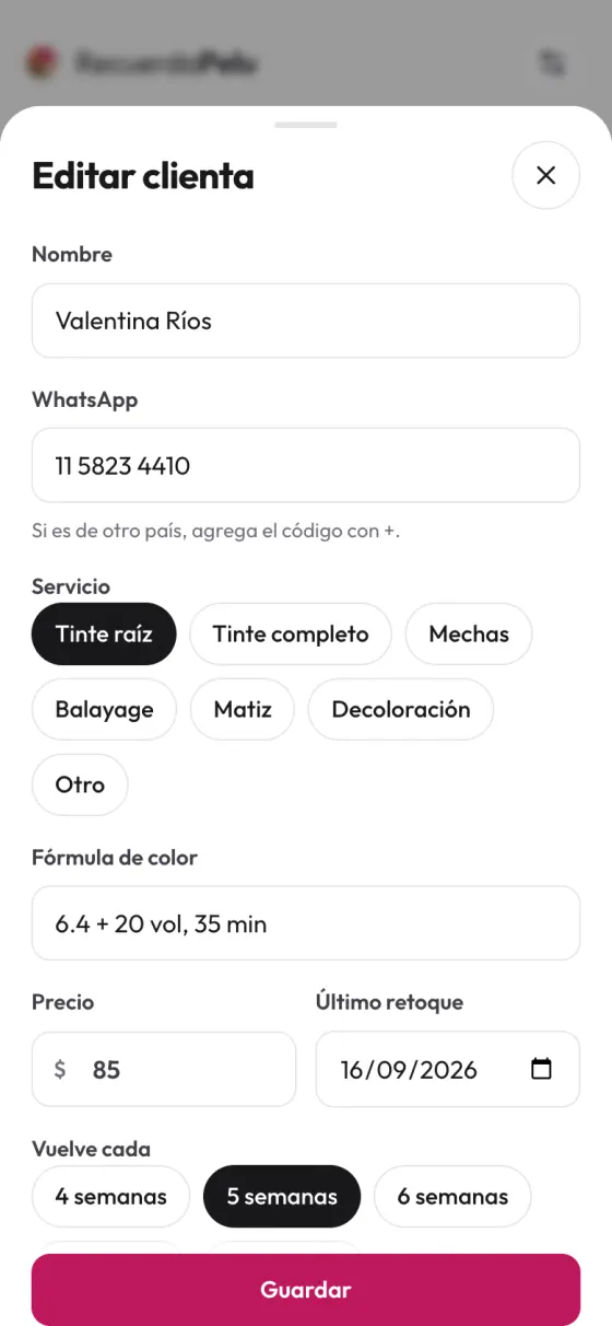 Ficha de la clienta Valentina Ríos: tinte raíz, fórmula 6.4 + 20 vol, 35 minutos, precio 85 dólares, último retoque el 16 de septiembre y vuelve cada 5 semanas.