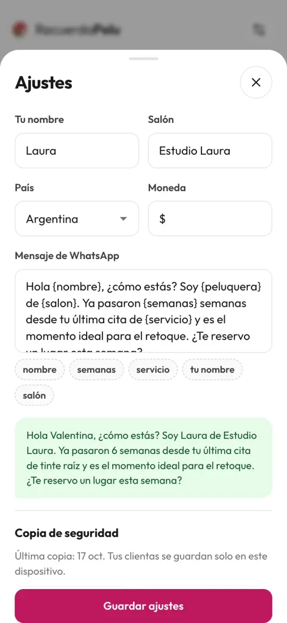 Ajustes del mensaje de WhatsApp con la vista previa: «Hola Valentina, ¿cómo estás? Soy Laura de Estudio Laura. Ya pasaron 6 semanas desde tu última cita de tinte raíz…».